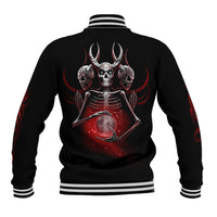Black baseball jacket with back skull prayer graphic, ribbed striped collar and hem