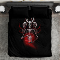 Black skull prayer bedding set with red-tinged skeleton hands and circular charm graphic