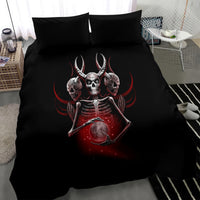 Black skull prayer bedding set featuring praying skeleton skull with red orb charm design