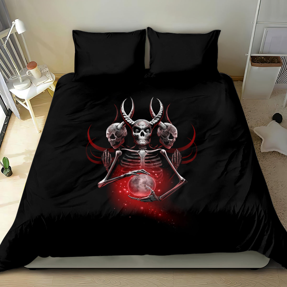 Black skull prayer bedding set with red skeleton prayer scene centered on comforter