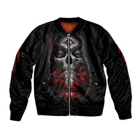 Black unisex bomber jacket with front zipper and praying skull graphic