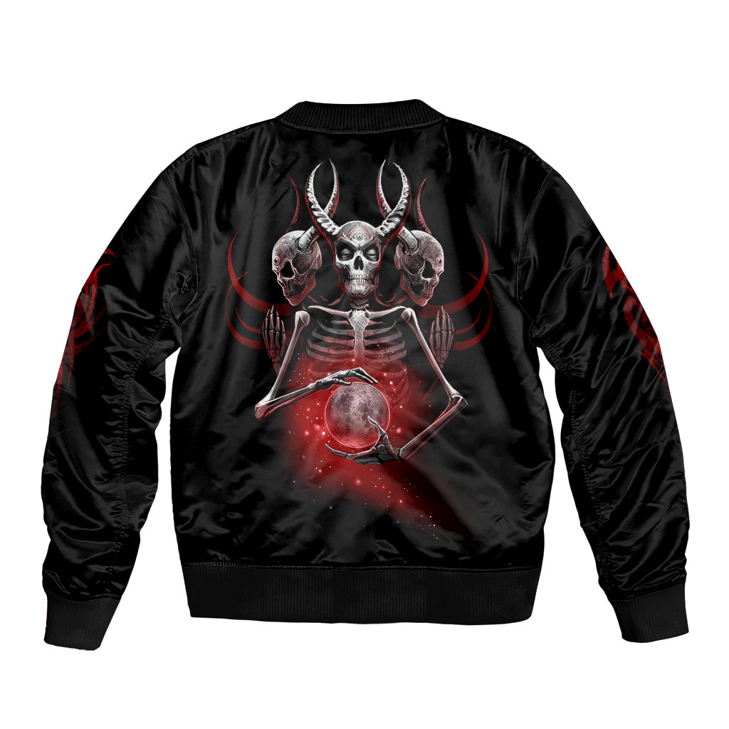 Black unisex bomber jacket with back skull graphic and ribbed collar and hem