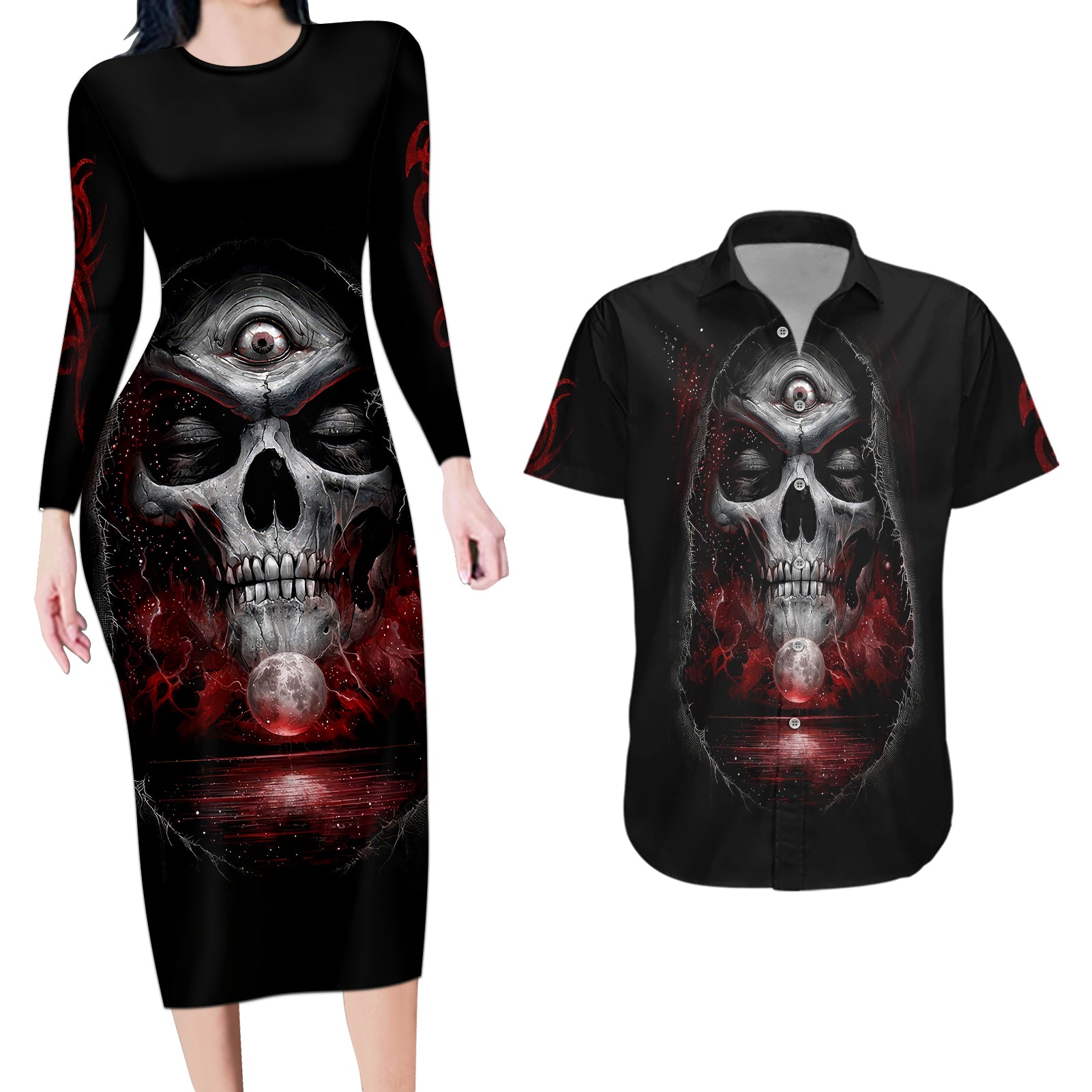 Skull Couples Matching Long Sleeve Bodycon Dress and Hawaiian Shirt Prayer Skull - Wonder Print Shop