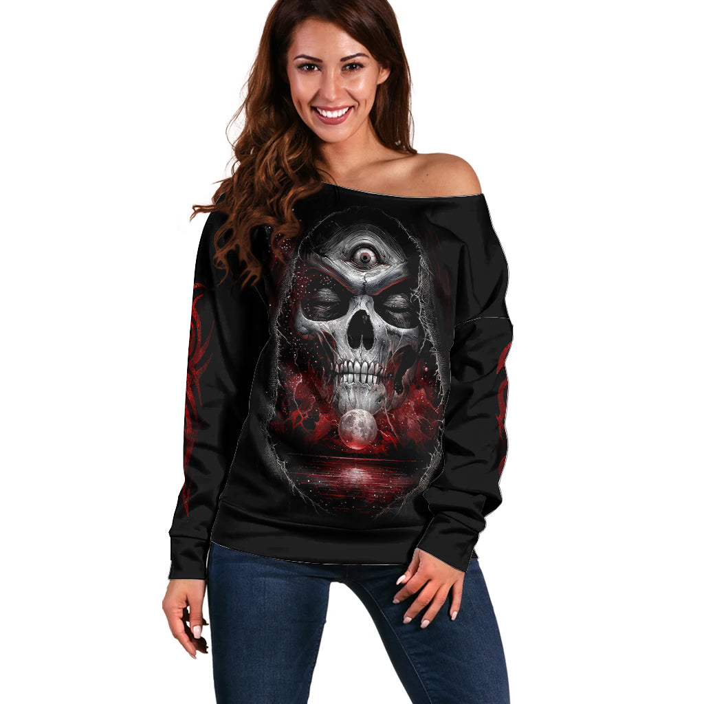 Skull Off Shoulder Sweater Prayer Skull - Wonder Print Shop