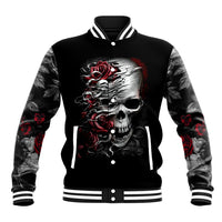 Black baseball jacket with skull and rose graphic, striped collar and cuffs.