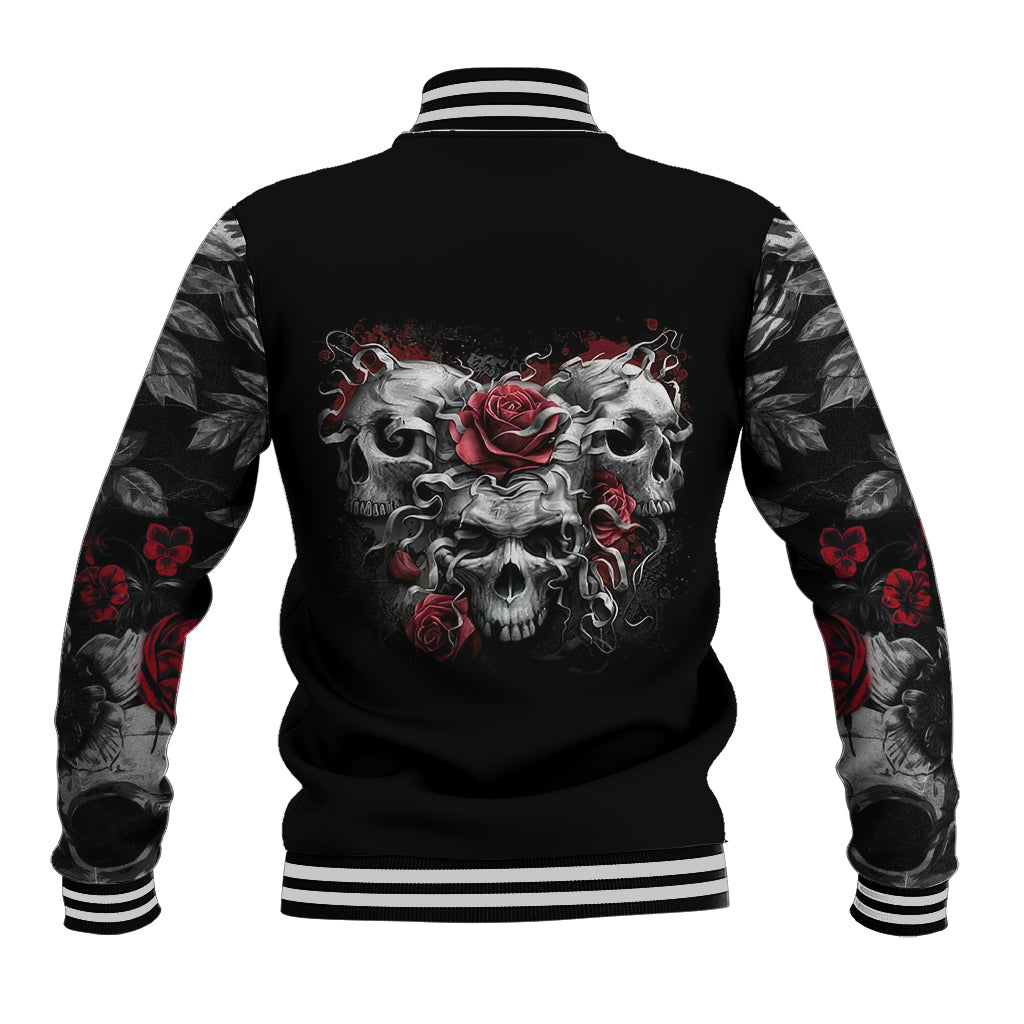 Black baseball jacket back with skull, roses, sleeve tattoo-style graphics, striped trim.