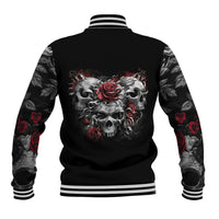 Black baseball jacket back with skull, roses, sleeve tattoo-style graphics, striped trim.