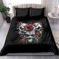 Black bedding set with skull and red rose artwork on duvet, two black pillow covers