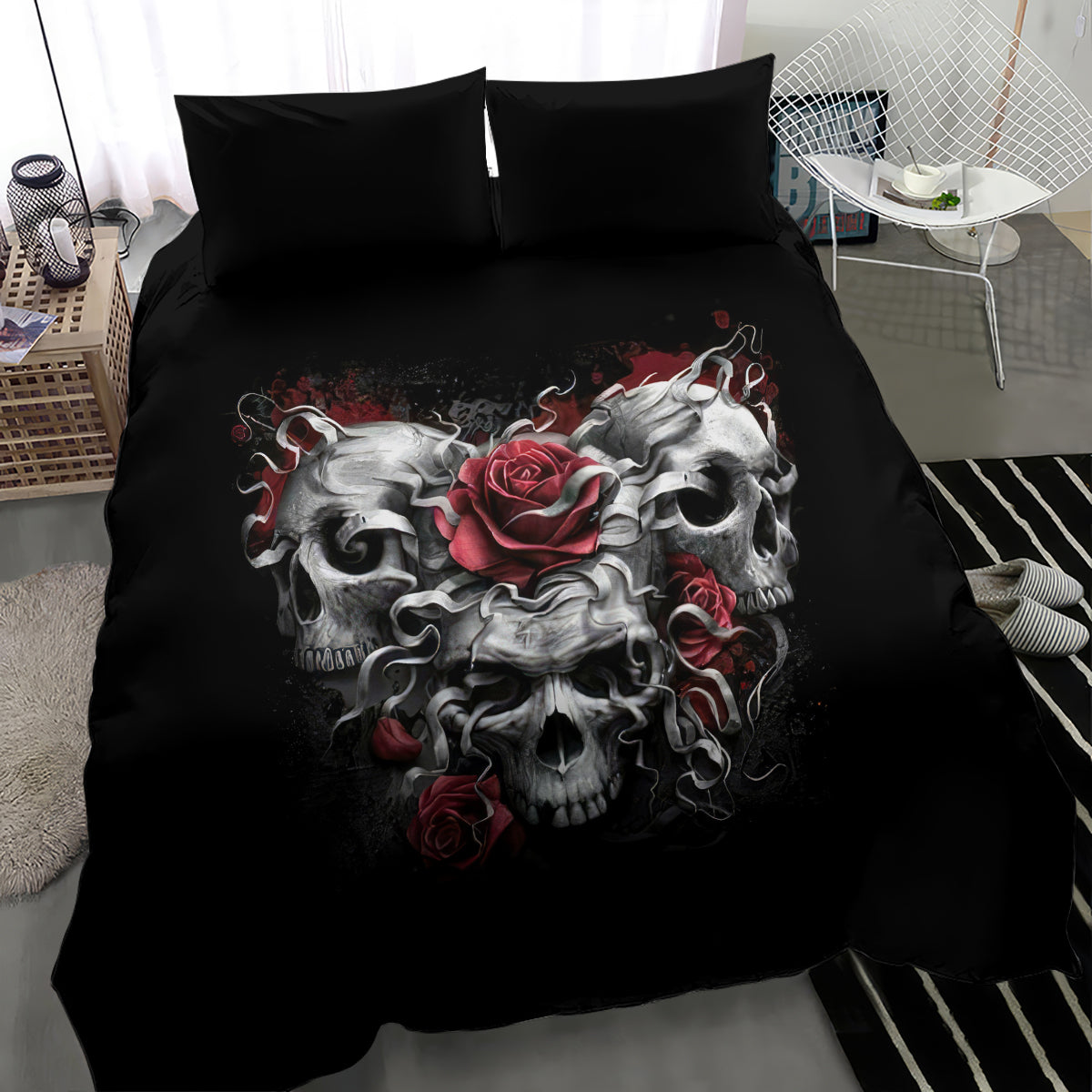 Black duvet bedding set with large three-skull design and red roses, paired with black pillowcases