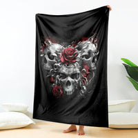 Black skull blanket with red roses and white smoke skull graphic