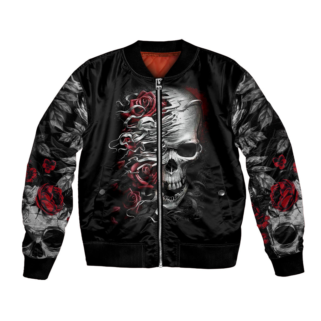 Black bomber jacket with front skull, roses graphic, zip-up and ribbed cuffs