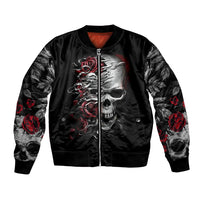 Black bomber jacket with front skull, roses graphic, zip-up and ribbed cuffs