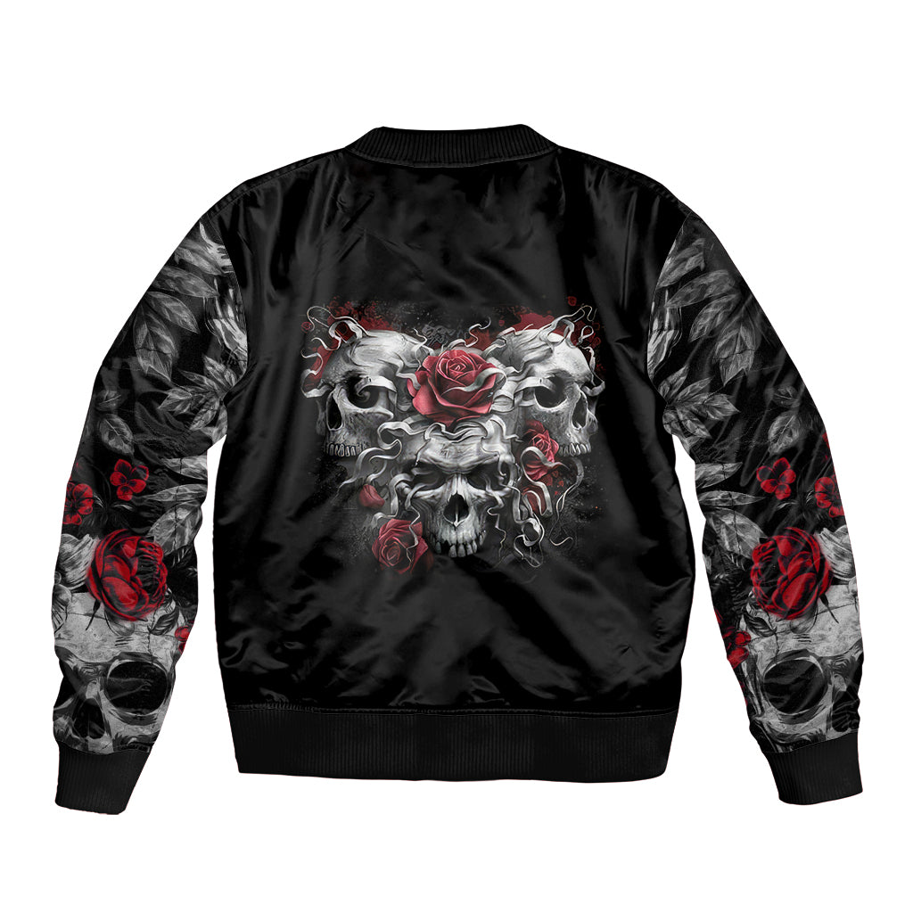 Black bomber jacket with back skull and rose graphic, zip-up, ribbed hem and cuffs