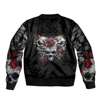 Black bomber jacket with back skull and rose graphic, zip-up, ribbed hem and cuffs