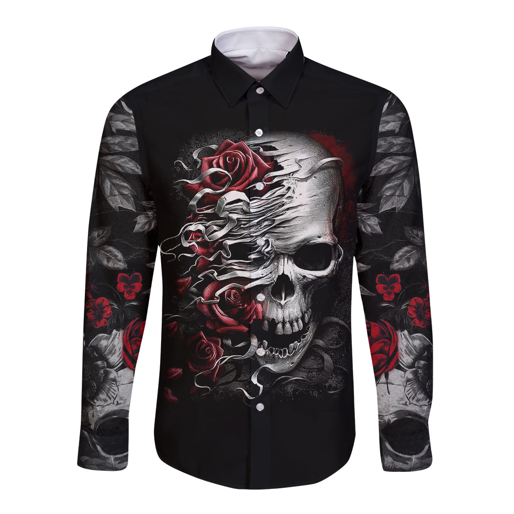 Skull Long Sleeve Button Shirt Three Skull No See Evil Rose - Wonder Print Shop