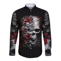 Black long-sleeve button shirt with skull-and-rose graphic, front view