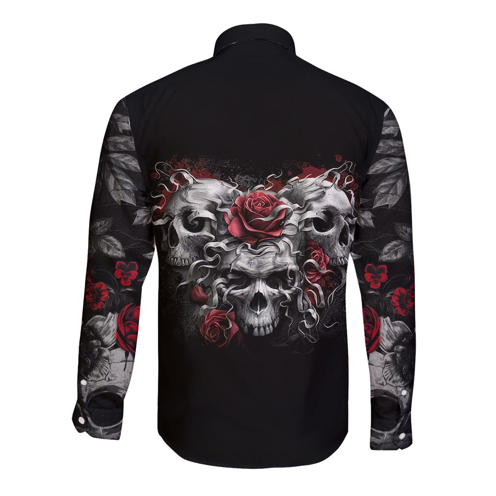 Black long-sleeve button shirt with skull-and-rose graphic, back view
