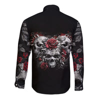 Black long-sleeve button shirt with skull-and-rose graphic, back view