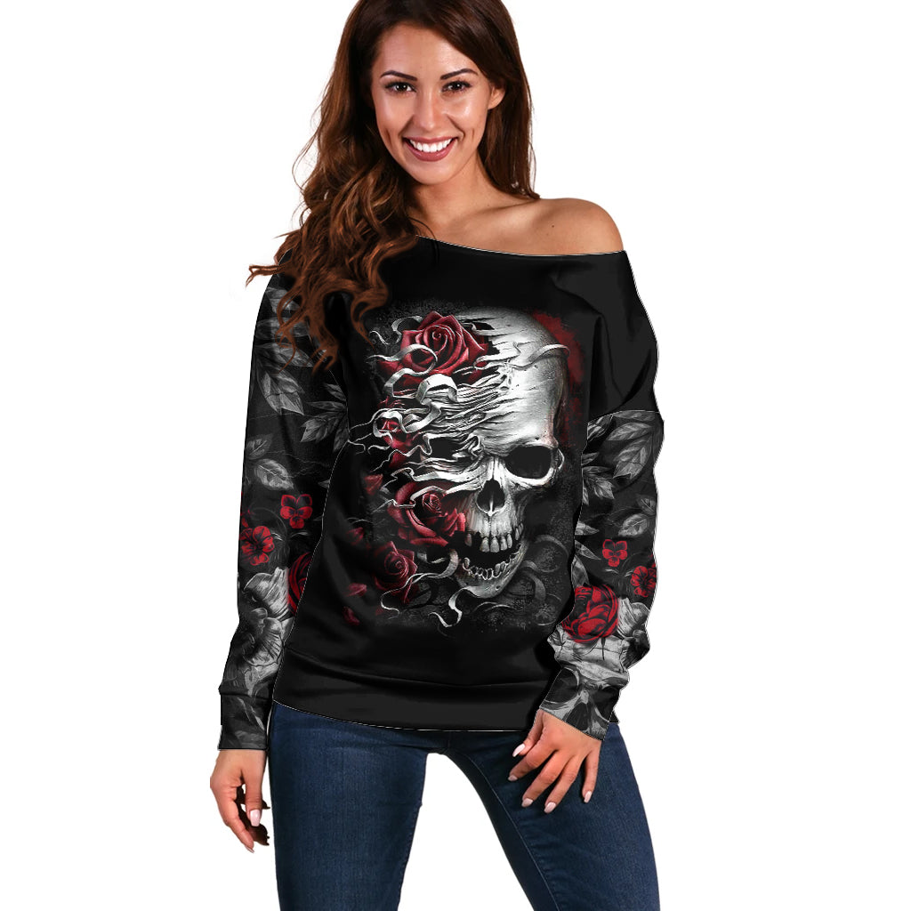 Skull Off Shoulder Sweater Three Skull No See Evil Rose - Wonder Print Shop