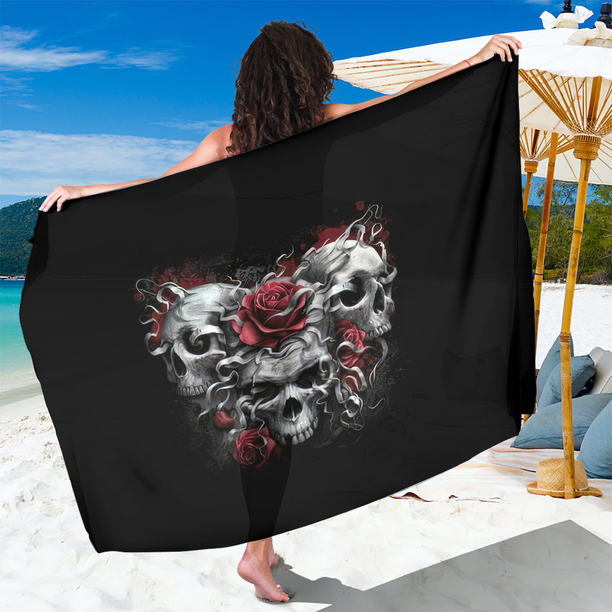 Black skull and rose printed sarong towel, wide wrap with draped design