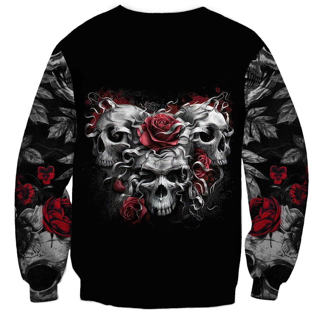 Black unisex skull sweatshirt with multi-skull rose front graphic, long sleeve print