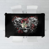 Black square tablecloth with three skull graphic and red roses, dark gothic print
