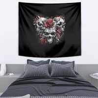Black skull tapestry with red roses and three skull faces, wall-hanging