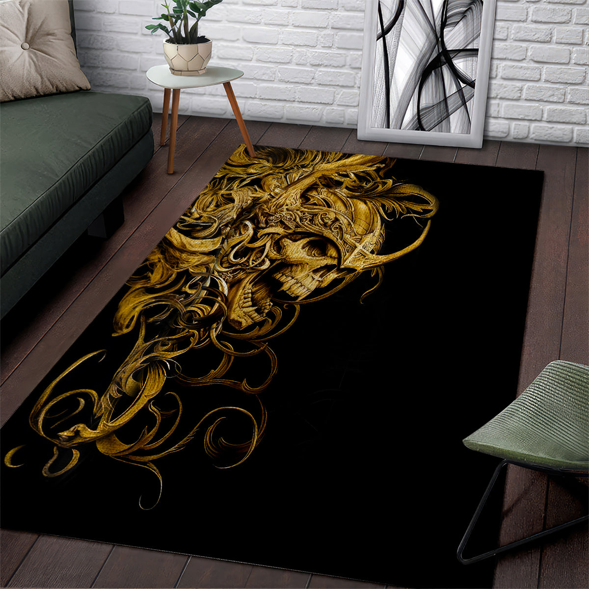 Black and gold skull area rug with ornate swirling design, rectangular