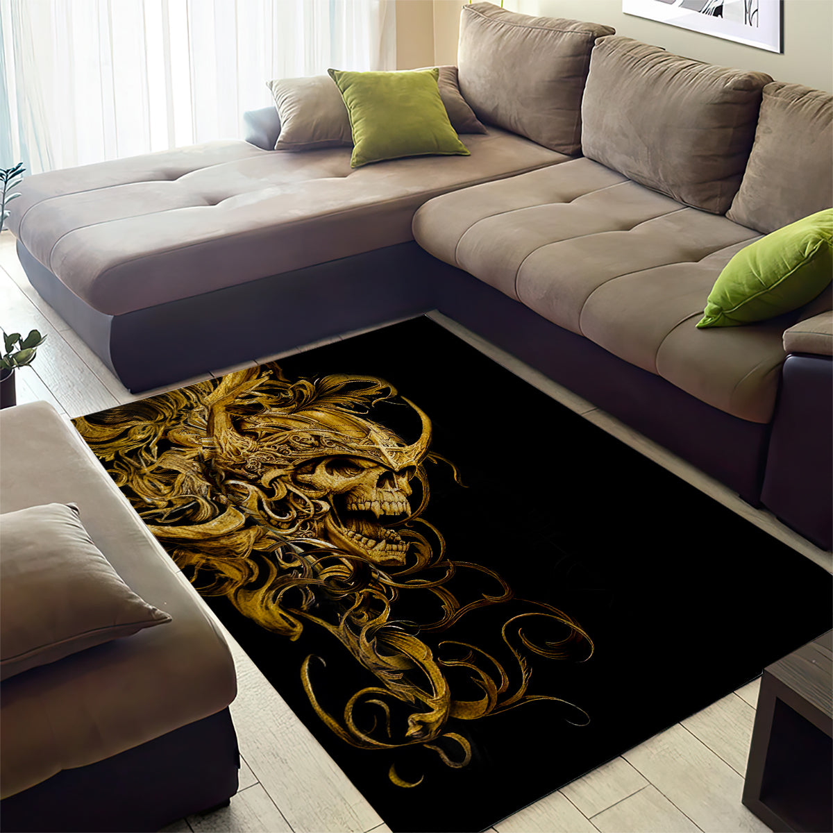 Black and gold skull motif area rug with ornate scrollwork, rectangular