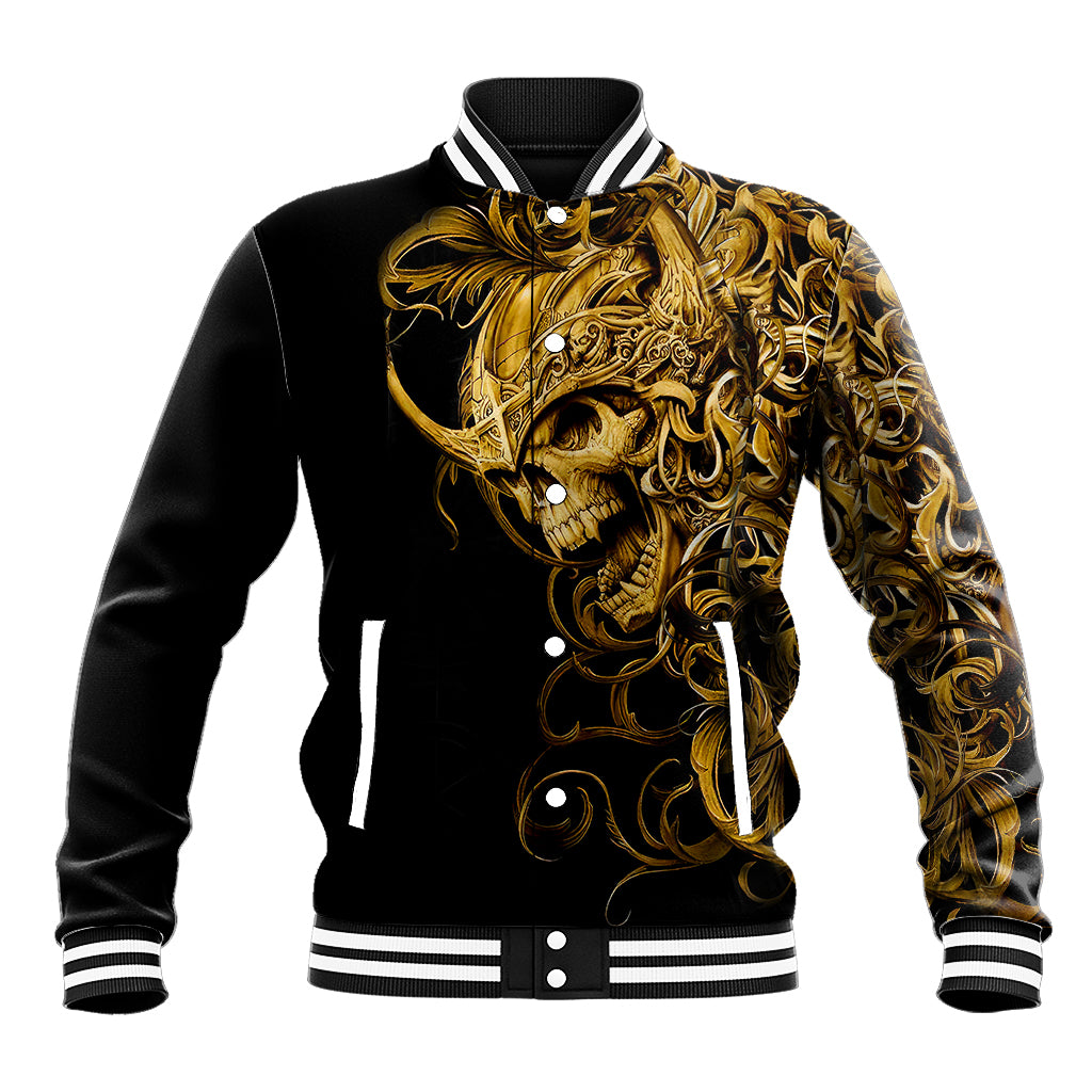 Black baseball jacket with gold ornate skull graphic, striped ribbed collar and cuffs