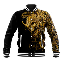 Black baseball jacket with gold ornate skull graphic, striped ribbed collar and cuffs