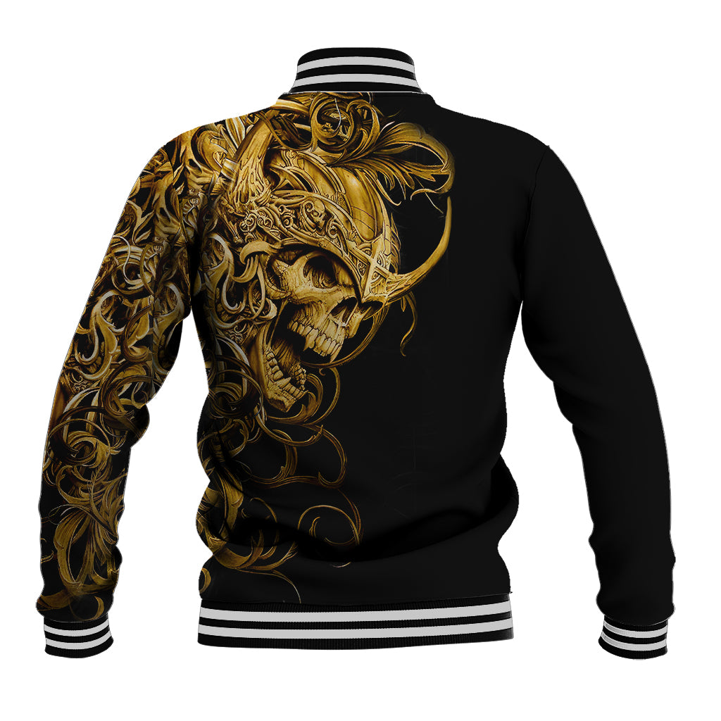 Black baseball jacket with large gold skull design on back, striped ribbed collar and hem