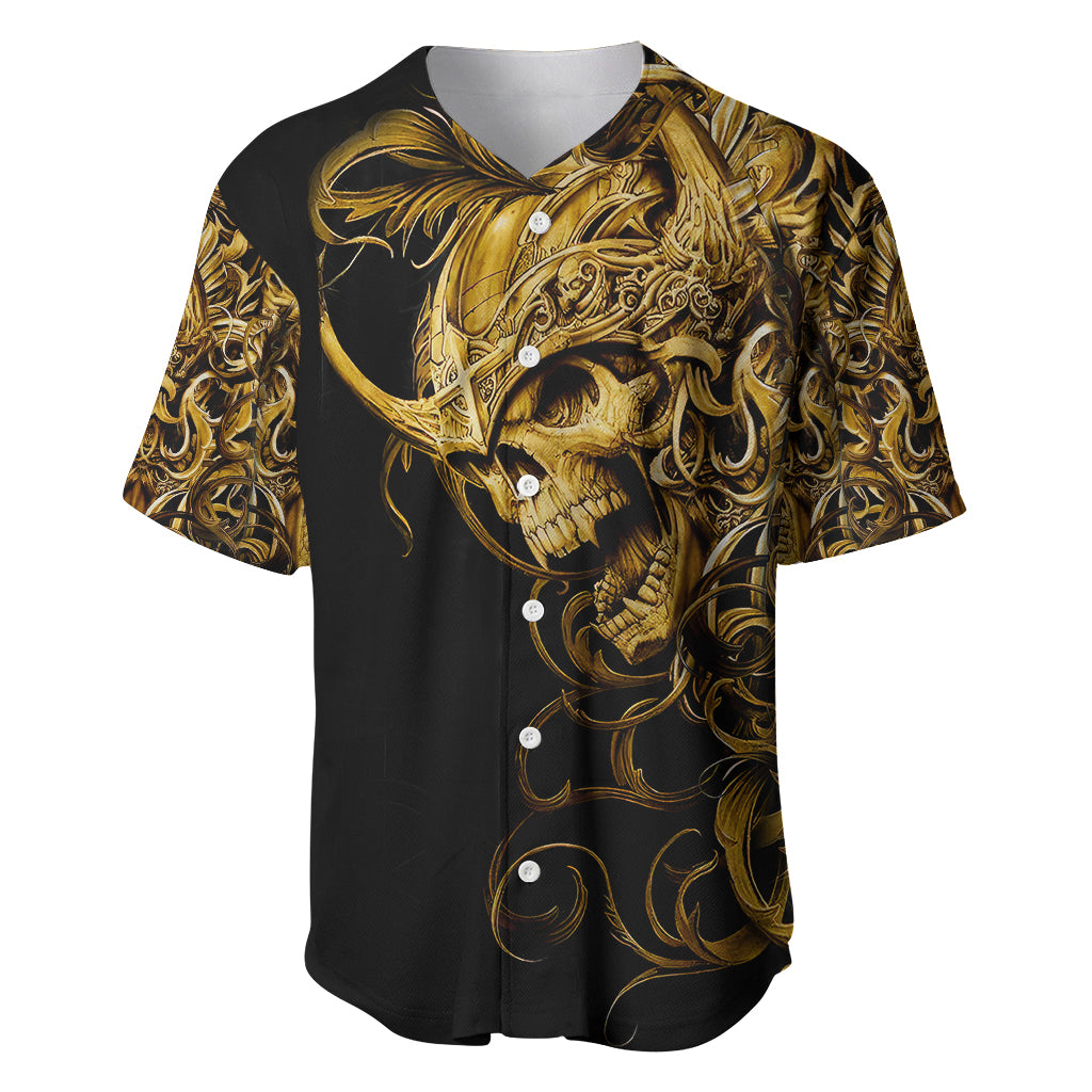 Black baseball jersey with gold skull front graphic and button placket