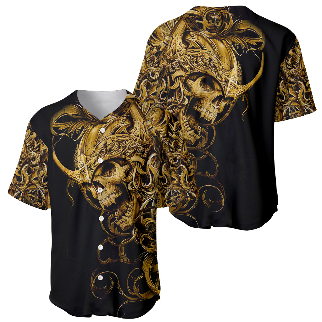 Black baseball jersey with gold skull artwork, front and back views shown