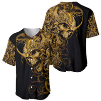 Black baseball jersey with gold skull artwork, front and back views shown