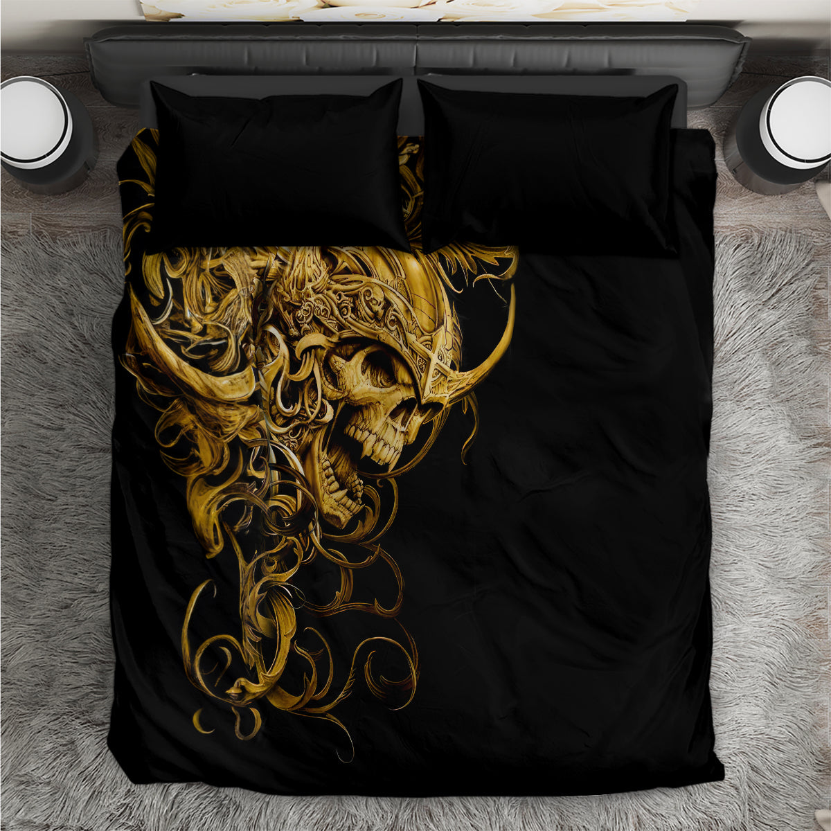 Black bedding set with golden skull artwork and ornate curls; two pillowcases included