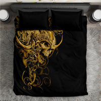Black bedding set with golden skull artwork and ornate curls; two pillowcases included
