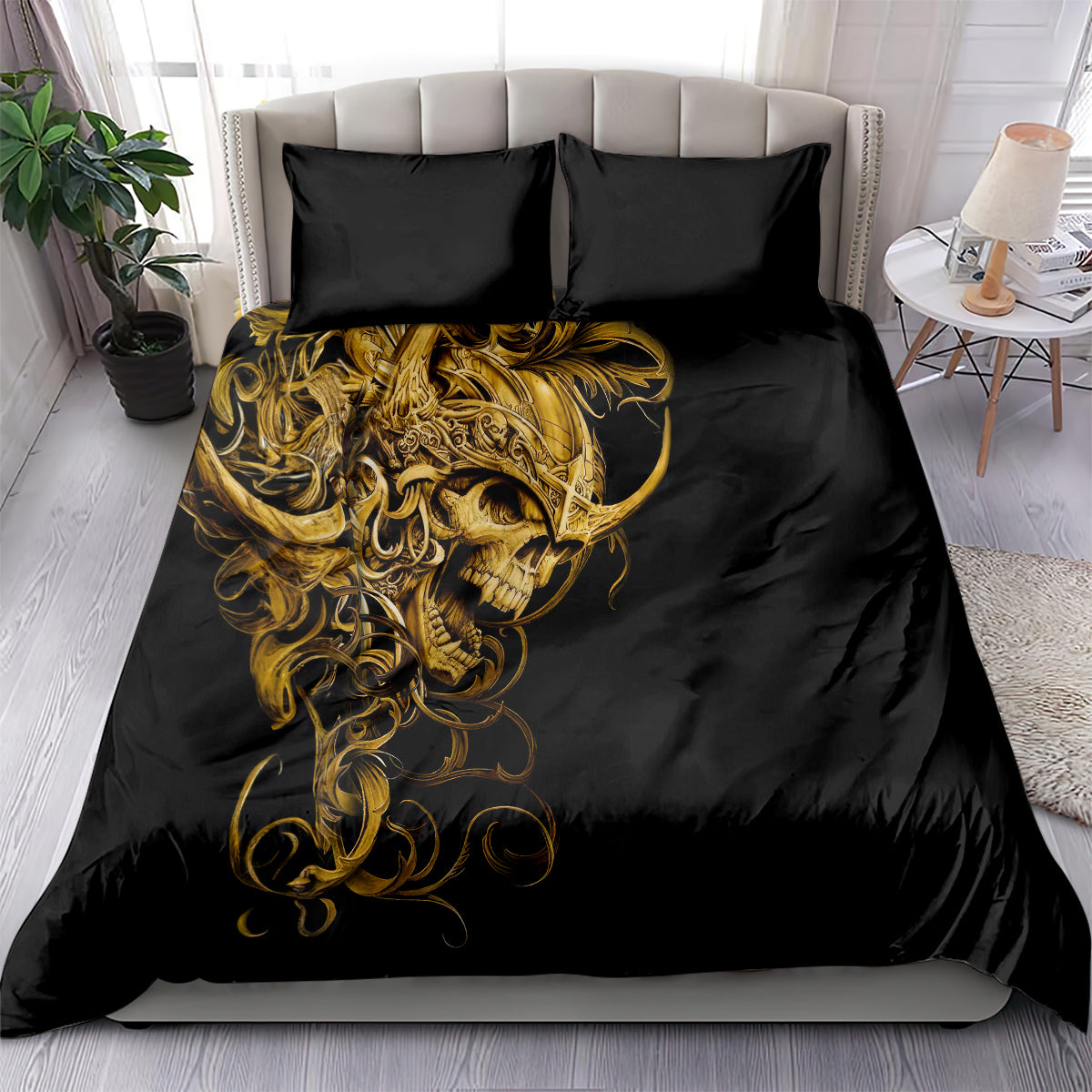 Black duvet cover with large golden skull design and ornate curls; two matching pillowcases