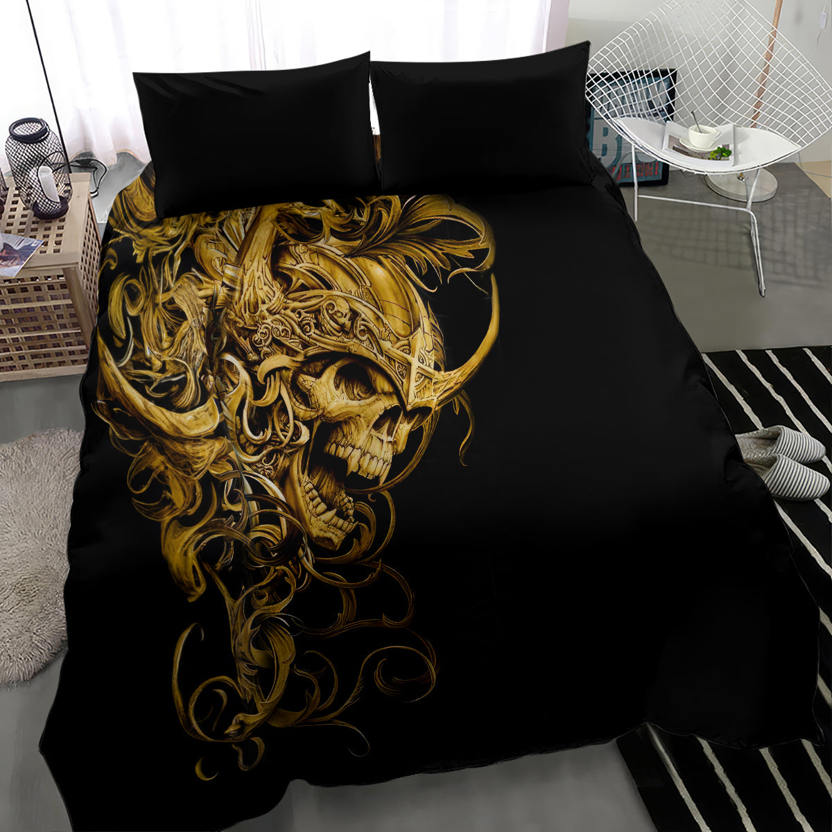 Black bedding set featuring close-up golden skull face with swirling ornate curls; two pillowcases