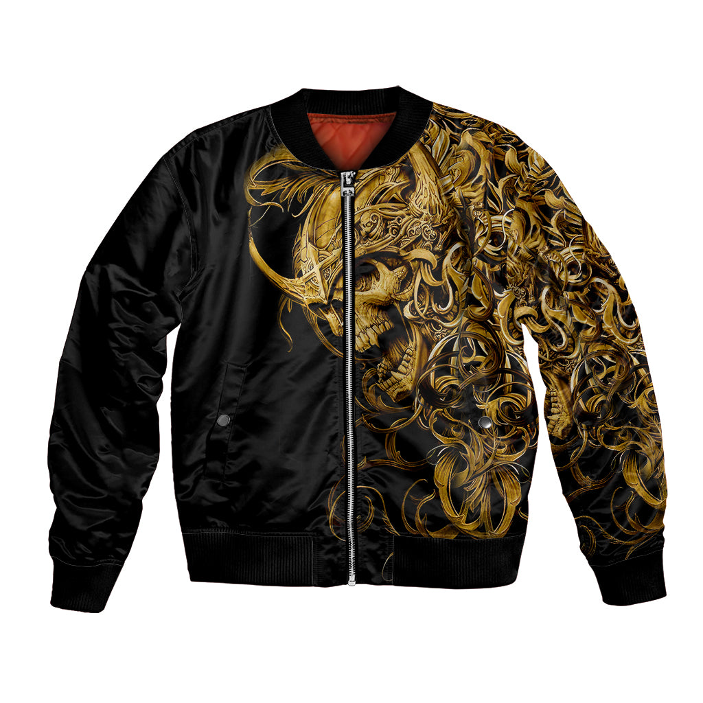 Black bomber jacket with gold skull ornate design, zip front, ribbed cuffs