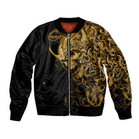 Black bomber jacket with gold skull ornate design, zip front, ribbed cuffs
