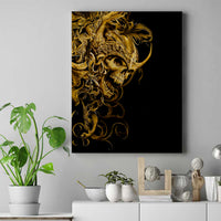 Black canvas wall art with ornate gold skull warrior illustration