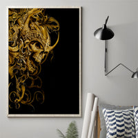 Framed black canvas wall art with ornate gold skull warrior illustration