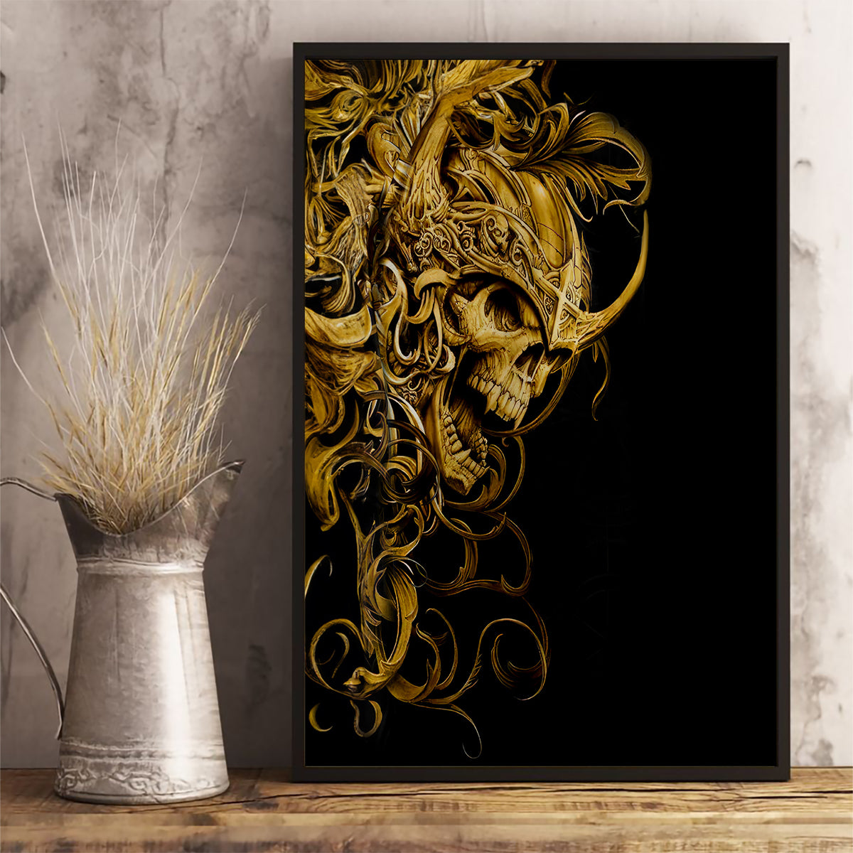 Framed black canvas wall art with ornate gold skull warrior face art