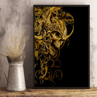 Framed black canvas wall art with ornate gold skull warrior face art