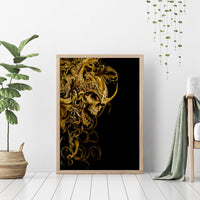 Wood-framed black canvas wall art with ornate gold skull warrior illustration