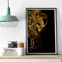 Gray-framed black canvas wall art with ornate gold skull warrior illustration