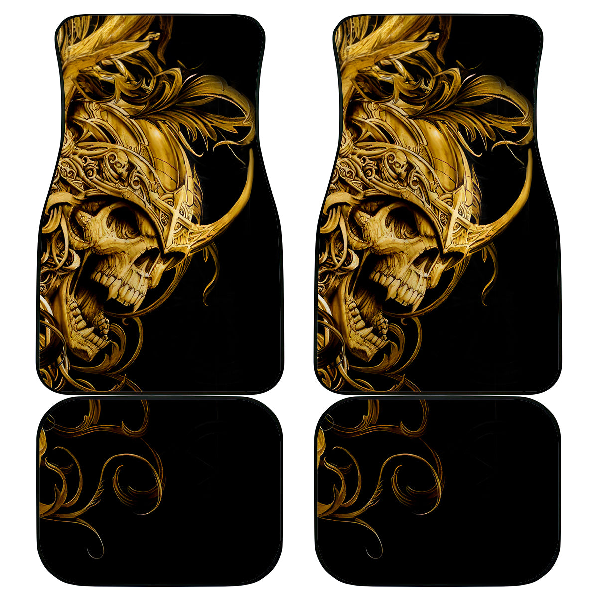 Black car floor mat set with golden warrior skull artwork on two mats