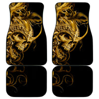 Black car floor mat set with golden warrior skull artwork on two mats