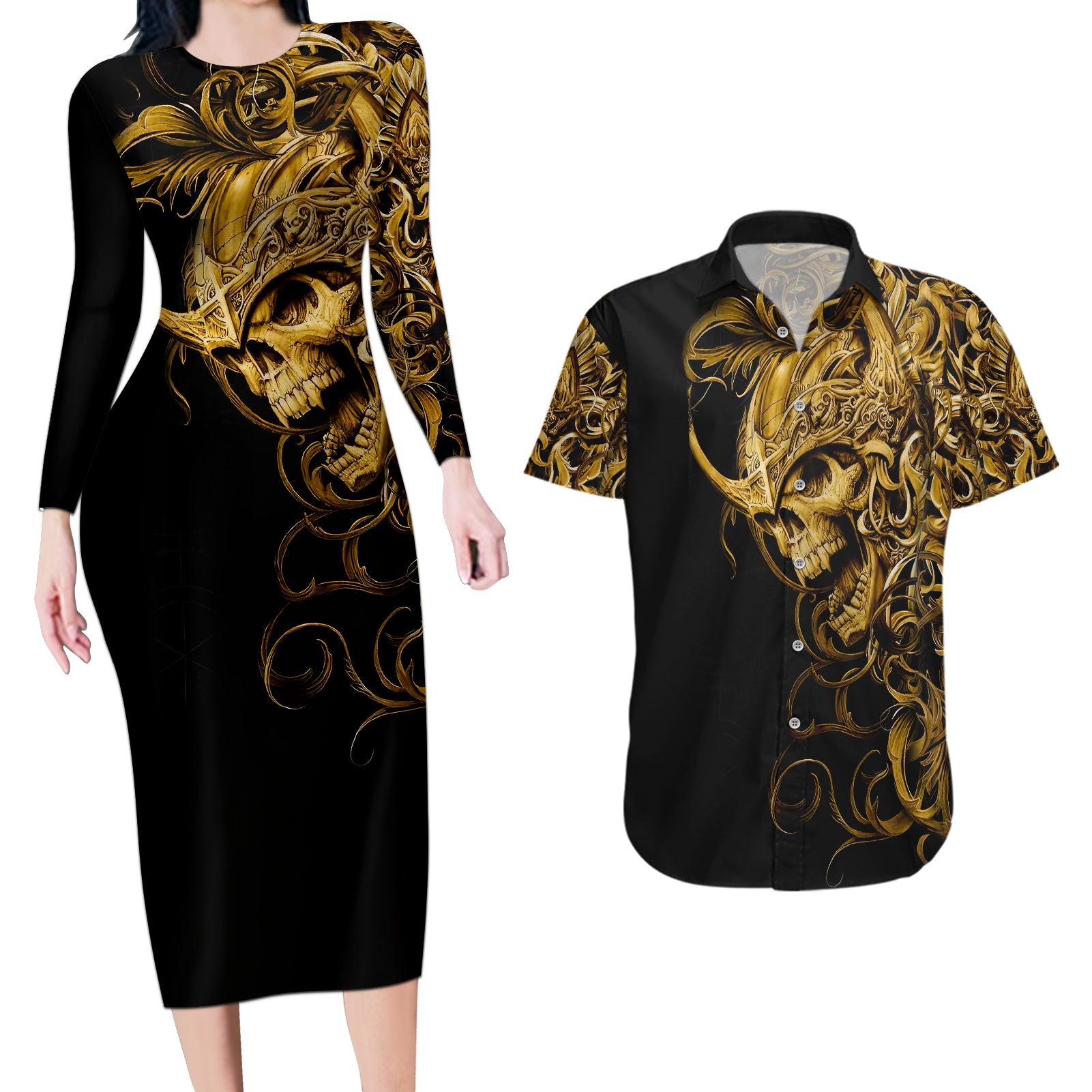 Skull Couples Matching Long Sleeve Bodycon Dress and Hawaiian Shirt Golden Warrior Royal - Wonder Print Shop